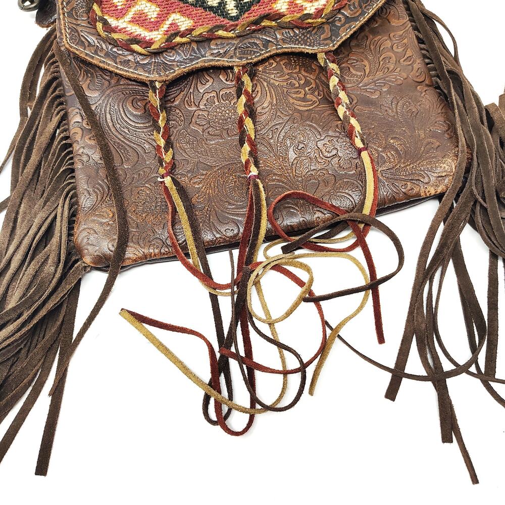 Myra Bag Aztec Motif Leather Fringe Purse Boho Western Brown Red Crossbody Bag - Picture 4 of 9